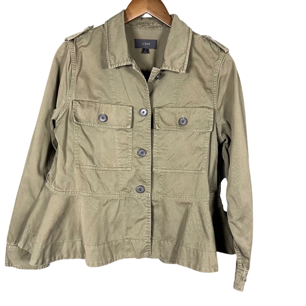 J. Crew Cropped Fatigue Jacket Olive Green Medium Peplum Casual No Belt